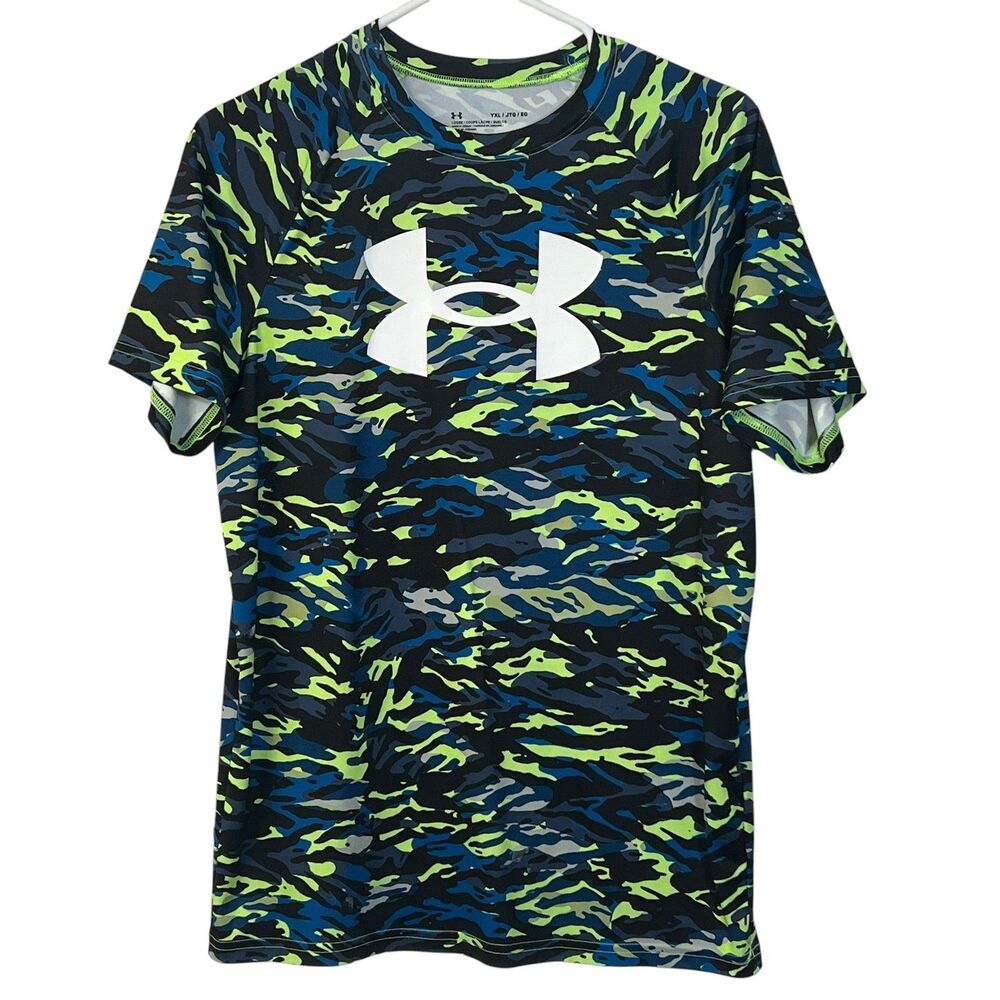 Under Armour Boys YXL Blue Lime Green Camo Loose Fit Short Sleeve Active Shirt